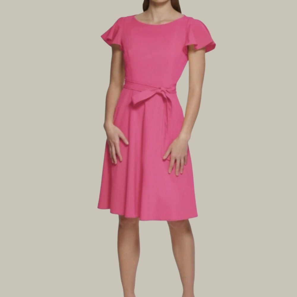 Calvin Klein Flutter Sleeve Fit & Flare Dress Womens 2 Pink Tie Waist Flowy NWT